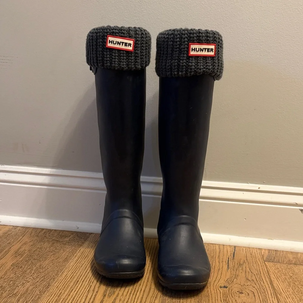 Hunter Women's Navy Rain Boots with Gray Cuff - Picture 1 of 10